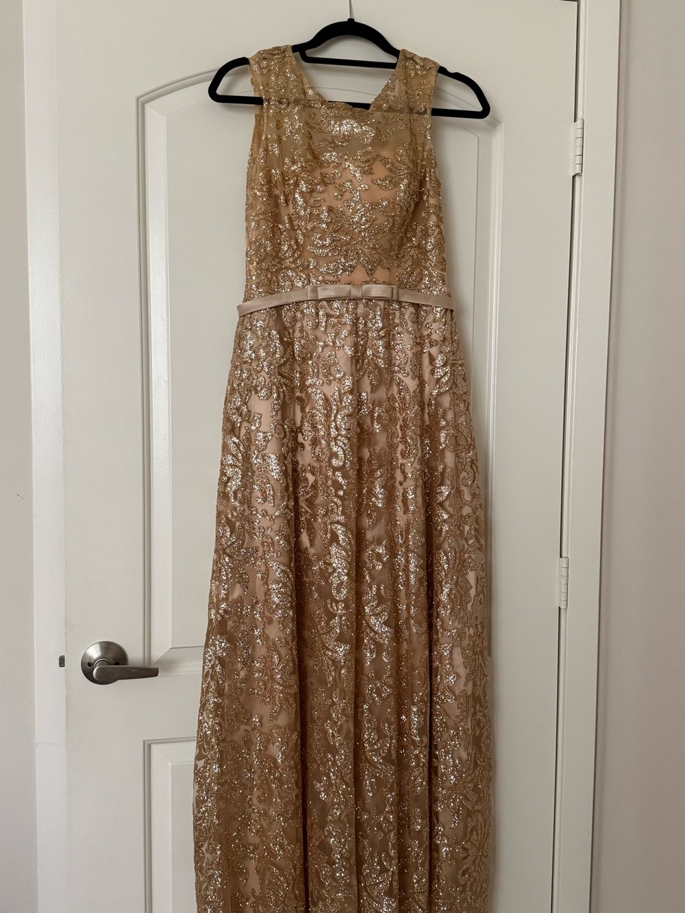 Elegant Sequined Gold Evening Dress with Belt. Wedding, Prom, Formal, Show